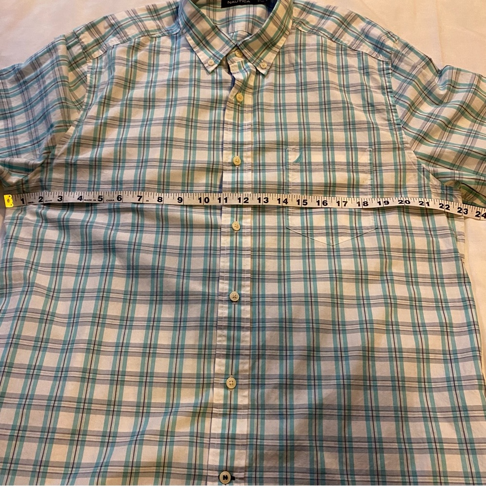 Nautica White Blue Green Button-down Long Sleeve front pocket Plaid Shirt Sz L - Picture 6 of 7